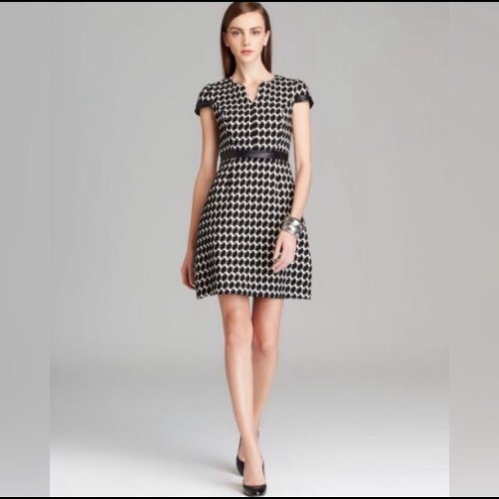Shoshanna Houndstooth Leather Trim Flair Dress
